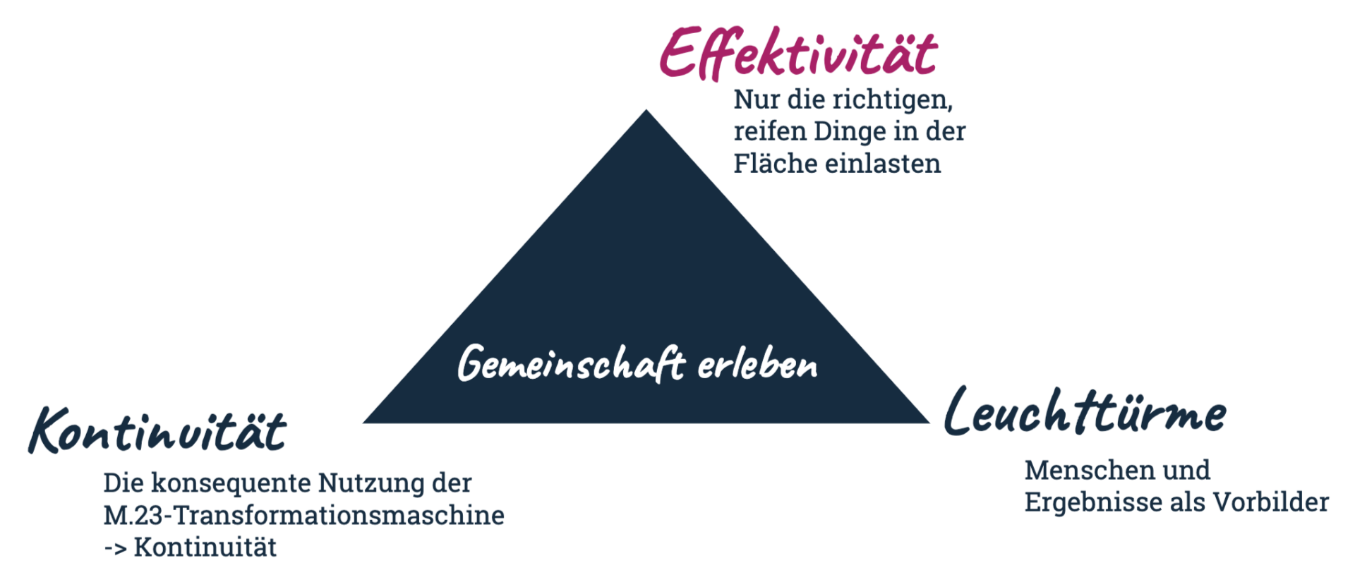 Dreieck der Erfolgsfaktoren mit Effektivität, Kontinuität und Leuchttürmen um „Gemeinschaft erleben“