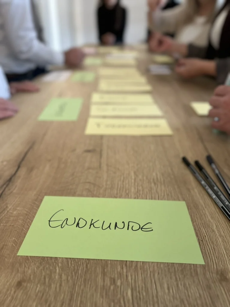 Moderationskarten auf dem Tisch, vorn eine mit der Aufschrift Endkunde